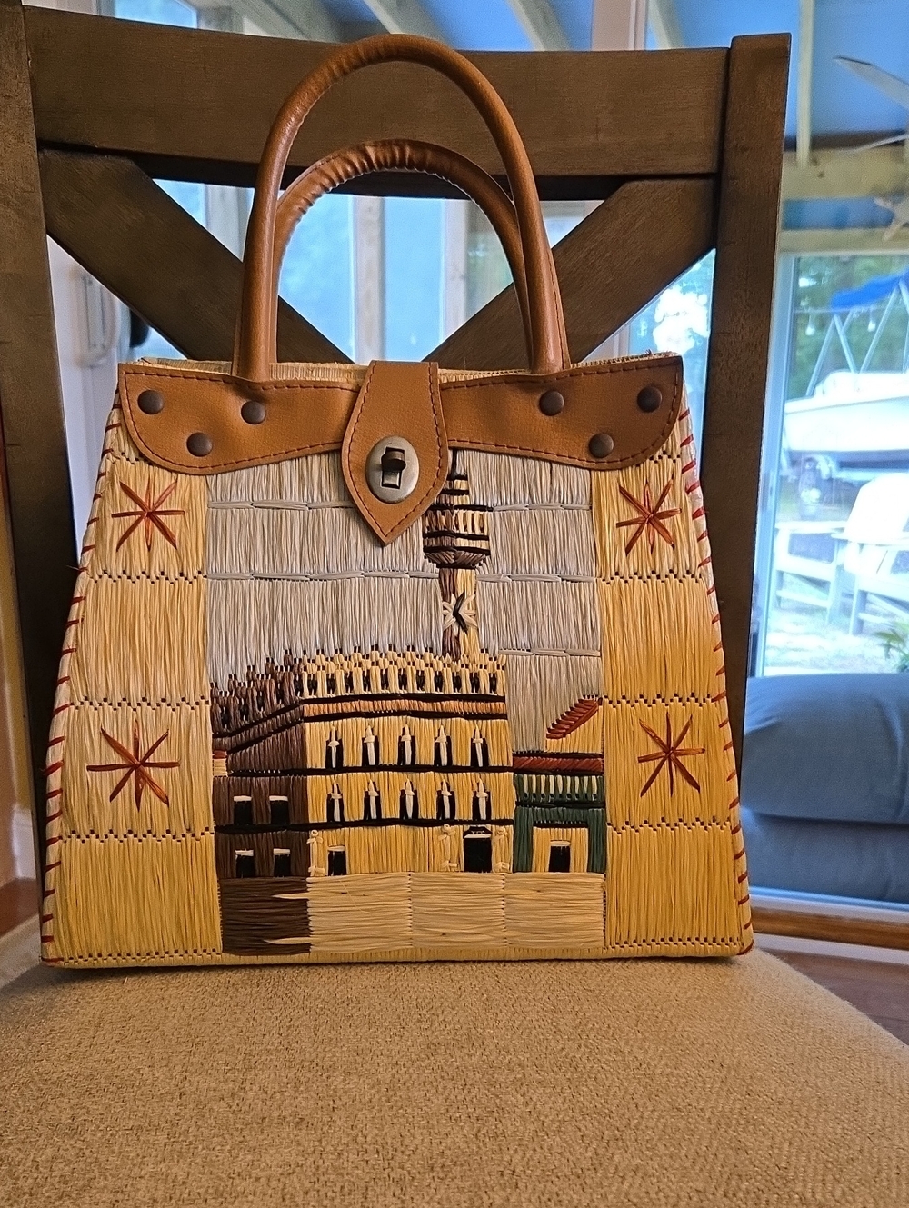 Vintage Mid Century, Woven Straw Tote Bag with Tan Leather Trim